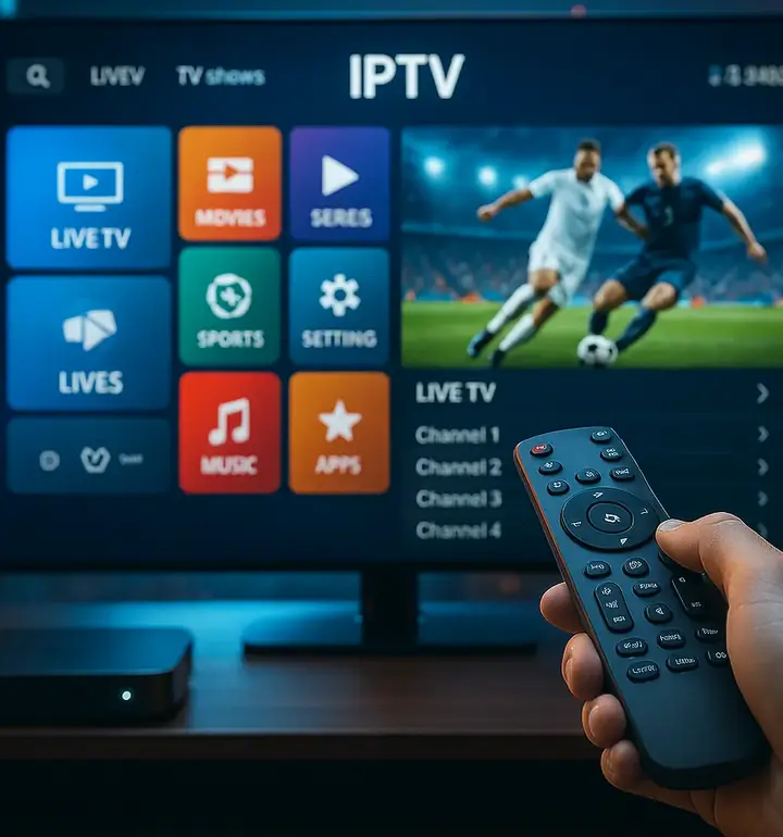 Israel TV בחו״ל: תפריט של נגן IPTV על מסך הטלוויזיה, משחק כדורגל בשידור חי ושלט ביד
